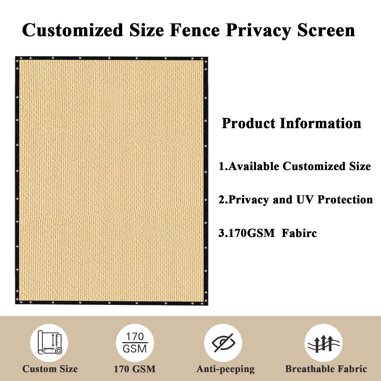 Custom Size Privacy Fence Screen 90% Blockage Fence Cover Windscreen Heavy Duty 170 GSM for Patio,Yard Backyard, Balcony, Pool Deck and Outdoor Spaces Sand (We Make Custom Size)