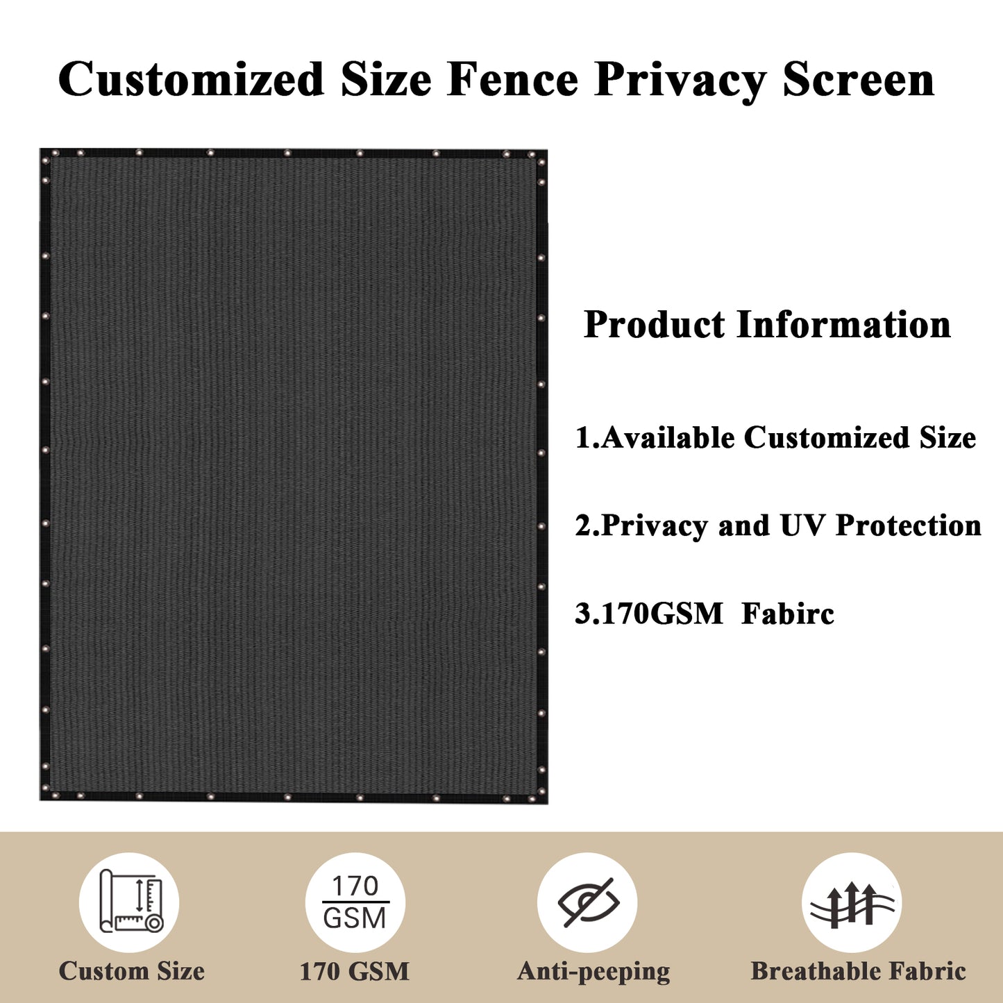 Custom Size Privacy Fence Screen 90% Blockage Fence Cover Windscreen Heavy Duty 170 GSM for Patio,Yard Backyard, Balcony, Pool Deck and Outdoor Spaces Dark Gray (We Make Custom Size)