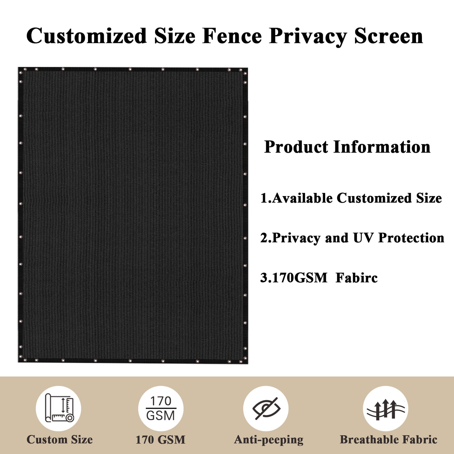 Custom Size Privacy Fence Screen 90% Blockage Fence Cover Windscreen Heavy Duty 170 GSM for Patio,Yard Backyard, Balcony, Pool Deck and Outdoor Spaces Black (We Make Custom Size)