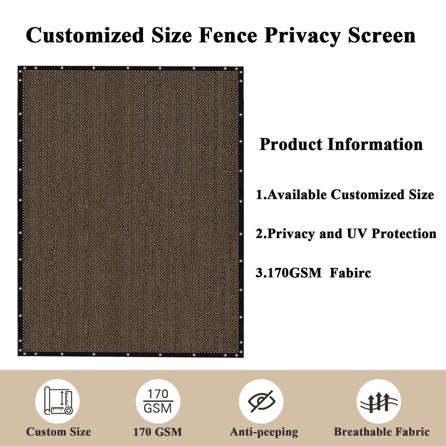 Custom Size Privacy Fence Screen 90% Blockage Fence Cover Windscreen Heavy Duty 170 GSM for Patio,Yard Backyard, Balcony, Pool Deck and Outdoor Spaces Brown (We Make Custom Size)