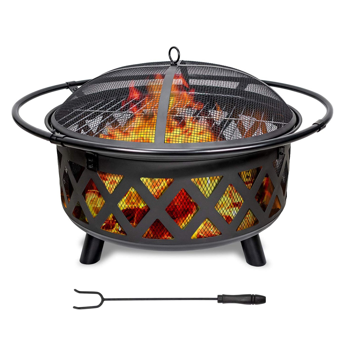 Outdoor Fire Pit 30in Wood Burning Steel Grill Firepit with Spark Screen Cover,Poker,Grill and Waterproof Cover for Patio Bonfire Backy