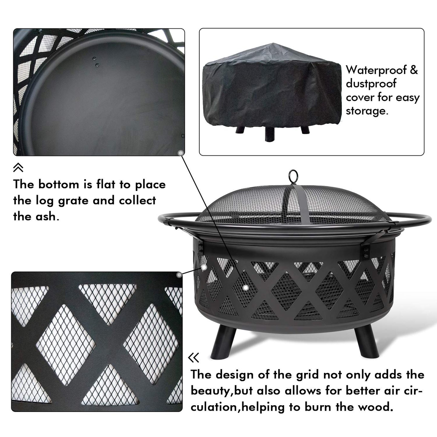 Outdoor Fire Pit 30in Wood Burning Steel Grill Firepit with Spark Screen Cover,Poker,Grill and Waterproof Cover for Patio Bonfire Backy