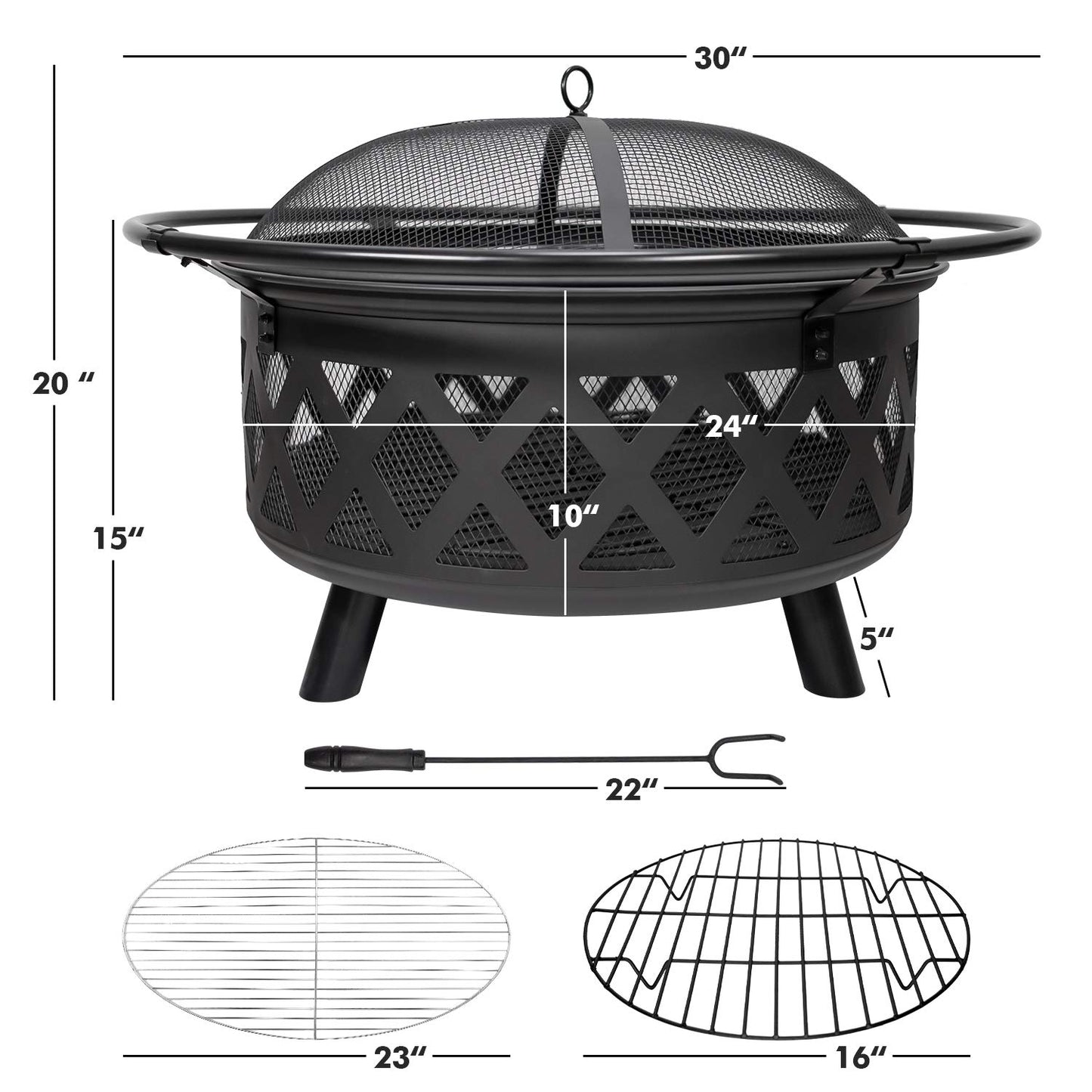 Outdoor Fire Pit 30in Wood Burning Steel Grill Firepit with Spark Screen Cover,Poker,Grill and Waterproof Cover for Patio Bonfire Backy